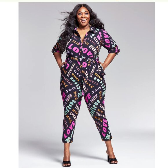 NWOT Bar III GooGoo Atkins Trendy Plus Size Printed Belted Jumpsuit 4X - Picture 1 of 6